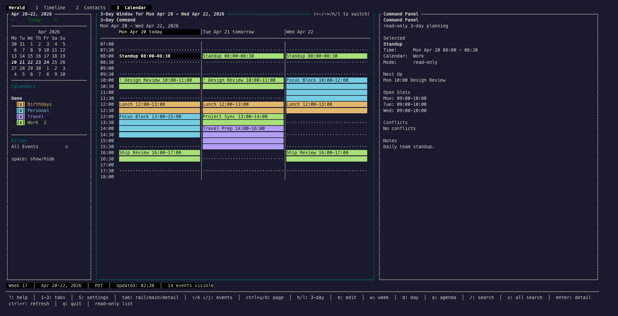 Calendar 3-day command view with open slots