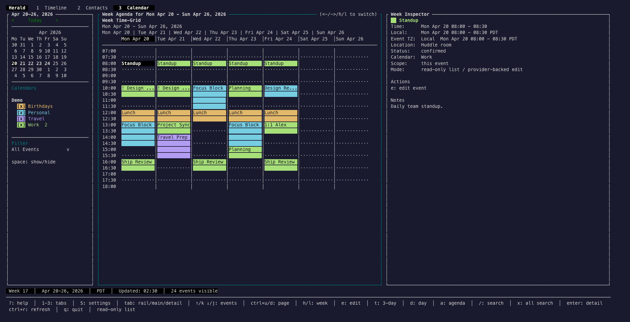 Calendar week time-grid with source rail and inspector