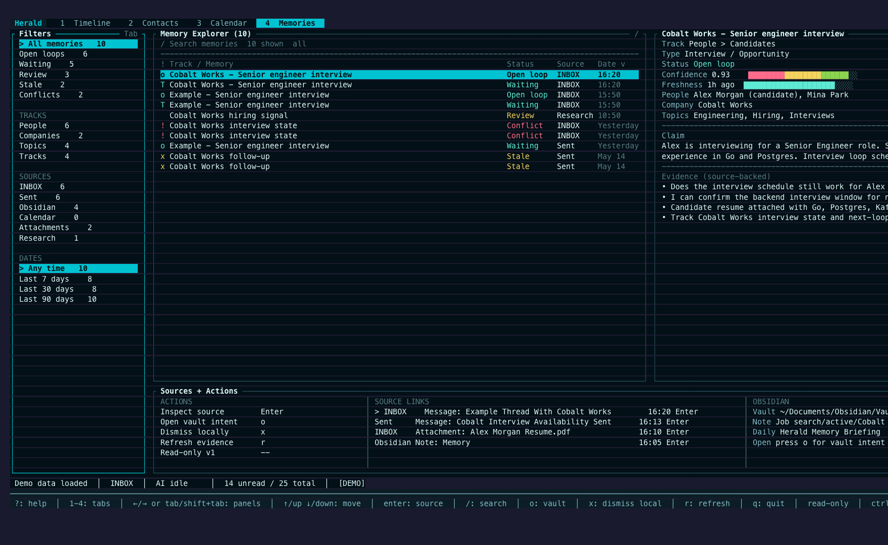 Memories workspace with filters, memory table, dossier, source links, and panel-switching hints